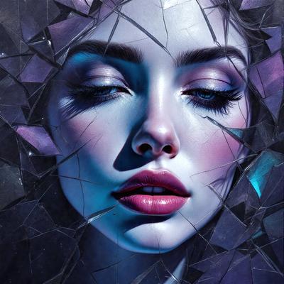 The primary subject of the image is a woman with a pink lipstick, who is looking at the camera. She is wearing a pink lipstick and has a blue background. The visual style of the image is a digital art, and the colors and mood are predominantly pink and blue.